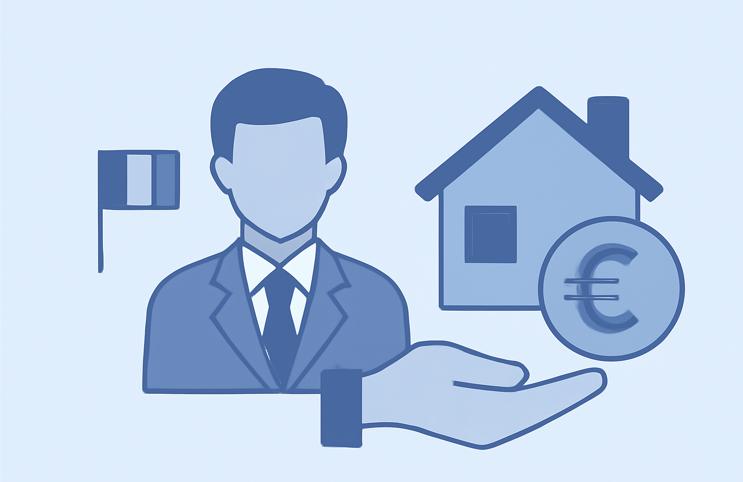 Illustration d’un homme en costume, une maison et une pièce avec le symbole euro, accompagnés d’un drapeau français. L’image évoque les thèmes des aides de l'Etat.