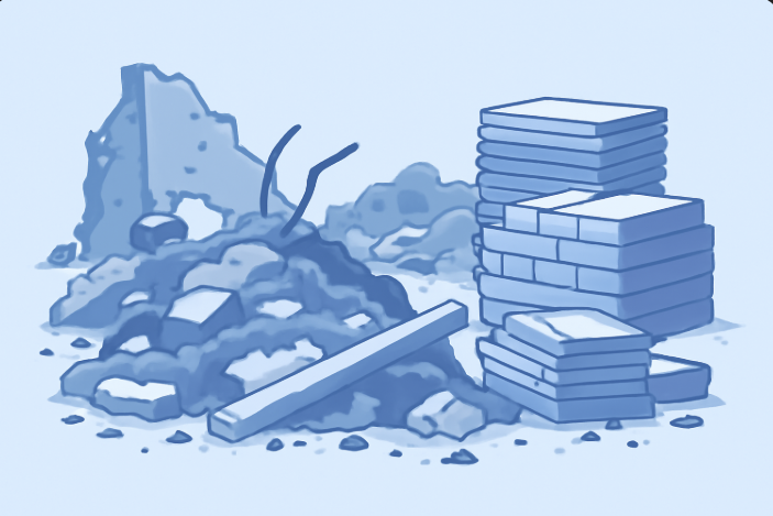 Illustration de gravats et de décombres, avec des tas de briques et des ruines au sol. L’image évoque la destruction ou un chantier en cours.