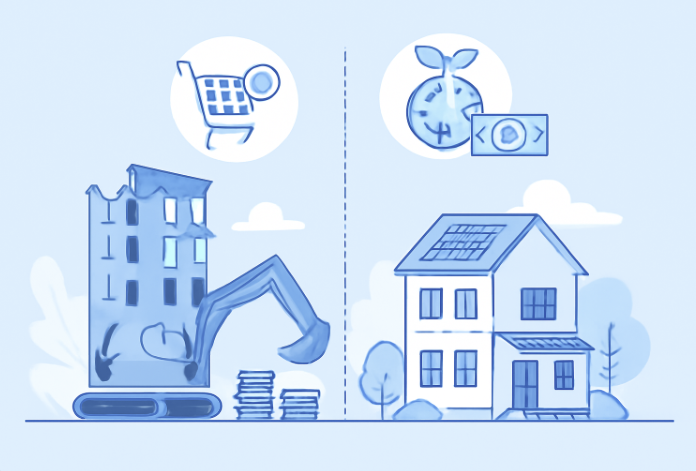 Infographie montrant la comparaison entre la démolition et la rénovation d'un bâtiment. À gauche, un bâtiment en ruines est démoli par une pelleteuse, représentant l'impact environnemental et les coûts de la destruction. À droite, un bâtiment rénové avec des caractéristiques éco-responsables, comme des panneaux solaires et des plantes, symbolise une solution durable et économique.