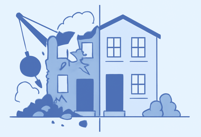 Illustration montrant une comparaison entre la démolition et la rénovation d’un bâtiment. À gauche, un bâtiment en décomposition est démoli par une grue, symbolisant des coûts élevés et l'impact écologique. À droite, une maison rénovée et éco-responsable est illustrée avec des panneaux solaires, des matériaux écologiques et une structure propre, représentant un choix plus rentable et durable.